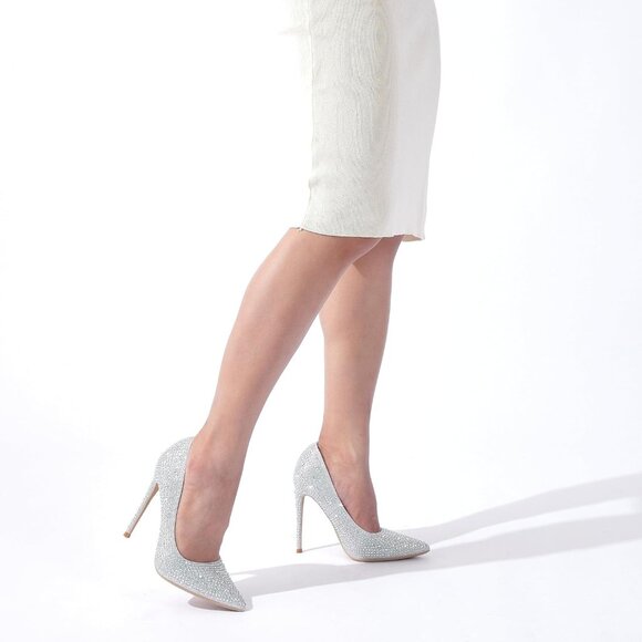 Women's Silver Pumps Pointed Toe High Heel Glitter Rhinestone Sparkly Shoes - Picture 2 of 8